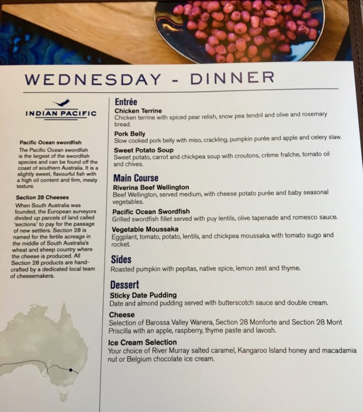 Menu onboard the Indian Pacific in the Gold Class Queen Adelaide restaurant car 